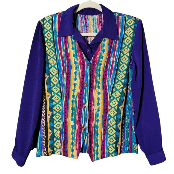 VTG 80s Retro Multicolor Geometric Tribal Funky Artsy Boho Back Tie Twofer Top M - Picture 1 of 10